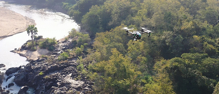 Drone over African forest landscape